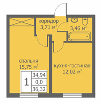 Однокомнатная квартира 36.06 м²