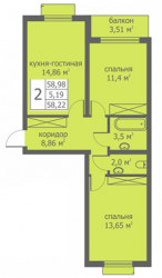 Двухкомнатная квартира 57.65 м²