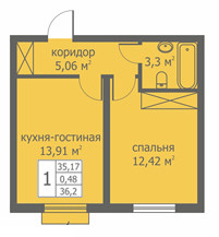 Однокомнатная квартира 35.7 м²