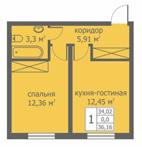 Однокомнатная квартира 35.21 м²