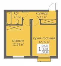 Однокомнатная квартира 34.79 м²