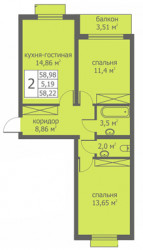 Двухкомнатная квартира 57.78 м²