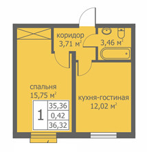 Однокомнатная квартира 35.21 м²