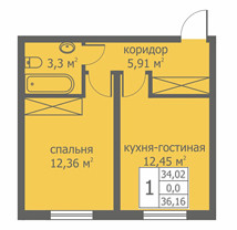 Однокомнатная квартира 35.21 м²