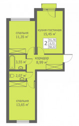 Двухкомнатная квартира 58.47 м²