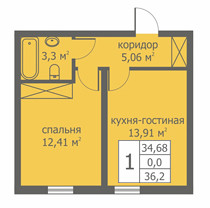 Однокомнатная квартира 35.48 м²