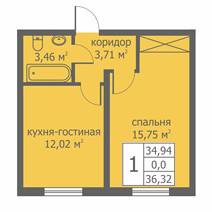 Однокомнатная квартира 36.06 м²