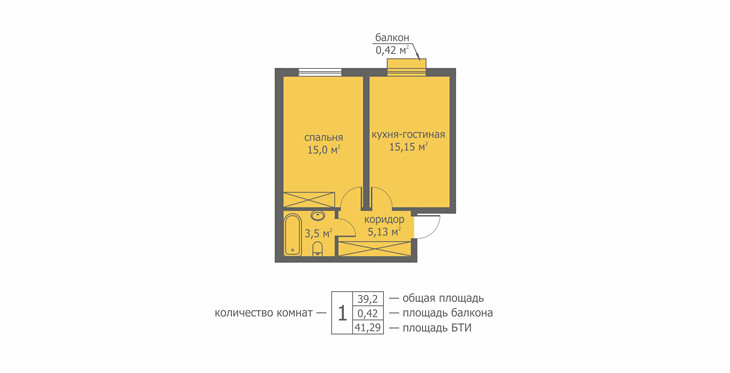 Однокомнатная квартира 39.43 м²