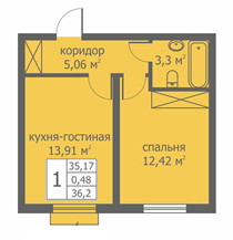 Однокомнатная квартира 35.7 м²