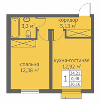 Однокомнатная квартира 34.79 м²