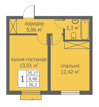 Однокомнатная квартира 35.7 м²