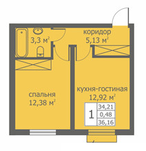 Однокомнатная квартира 34.79 м²