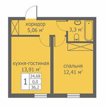 Однокомнатная квартира 35.48 м²