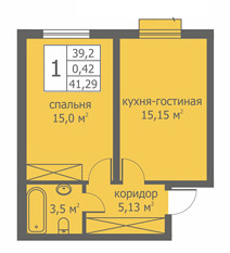 Однокомнатная квартира 39.43 м²