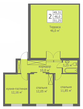 Двухкомнатная квартира 50.66 м²
