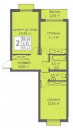 Двухкомнатная квартира 57.65 м²