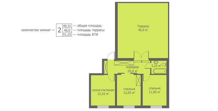 Двухкомнатная квартира 50.66 м²