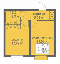 Однокомнатная квартира 35.7 м²