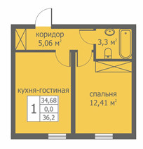 Однокомнатная квартира 35.48 м²