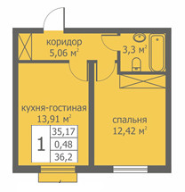Однокомнатная квартира 35.7 м²